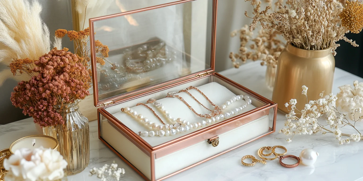 An open, vintage glass jewelry box with a mirrored base, filled with jewelry.